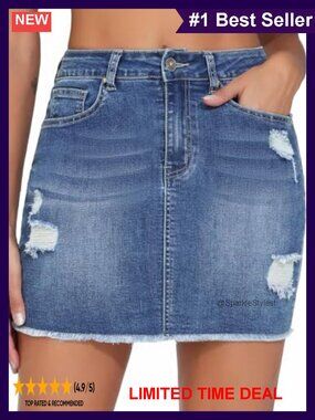 Ripped Denim Mini Skirt Stretchy Frayed Raw Hem High Rise Women's Jean Skirt